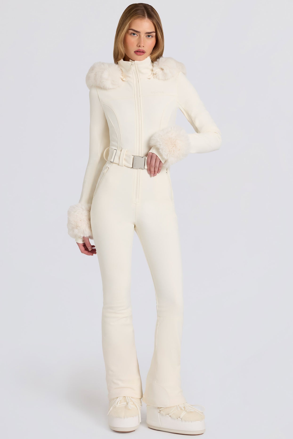 Waterproof Faux-Fur Hood Fitted Ski Suit in Ice