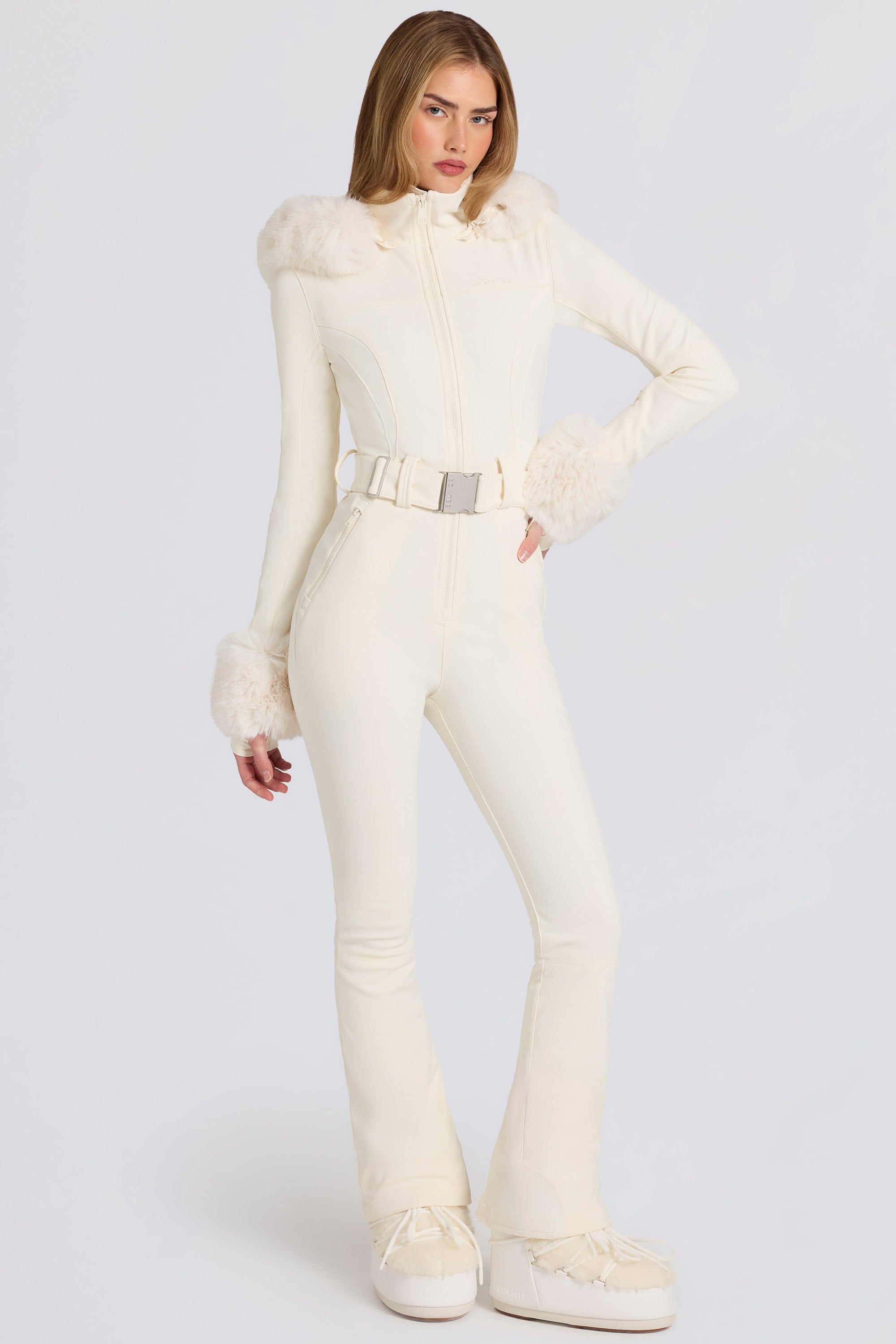 Waterproof Faux-Fur Hood Fitted Ski Suit in Ice