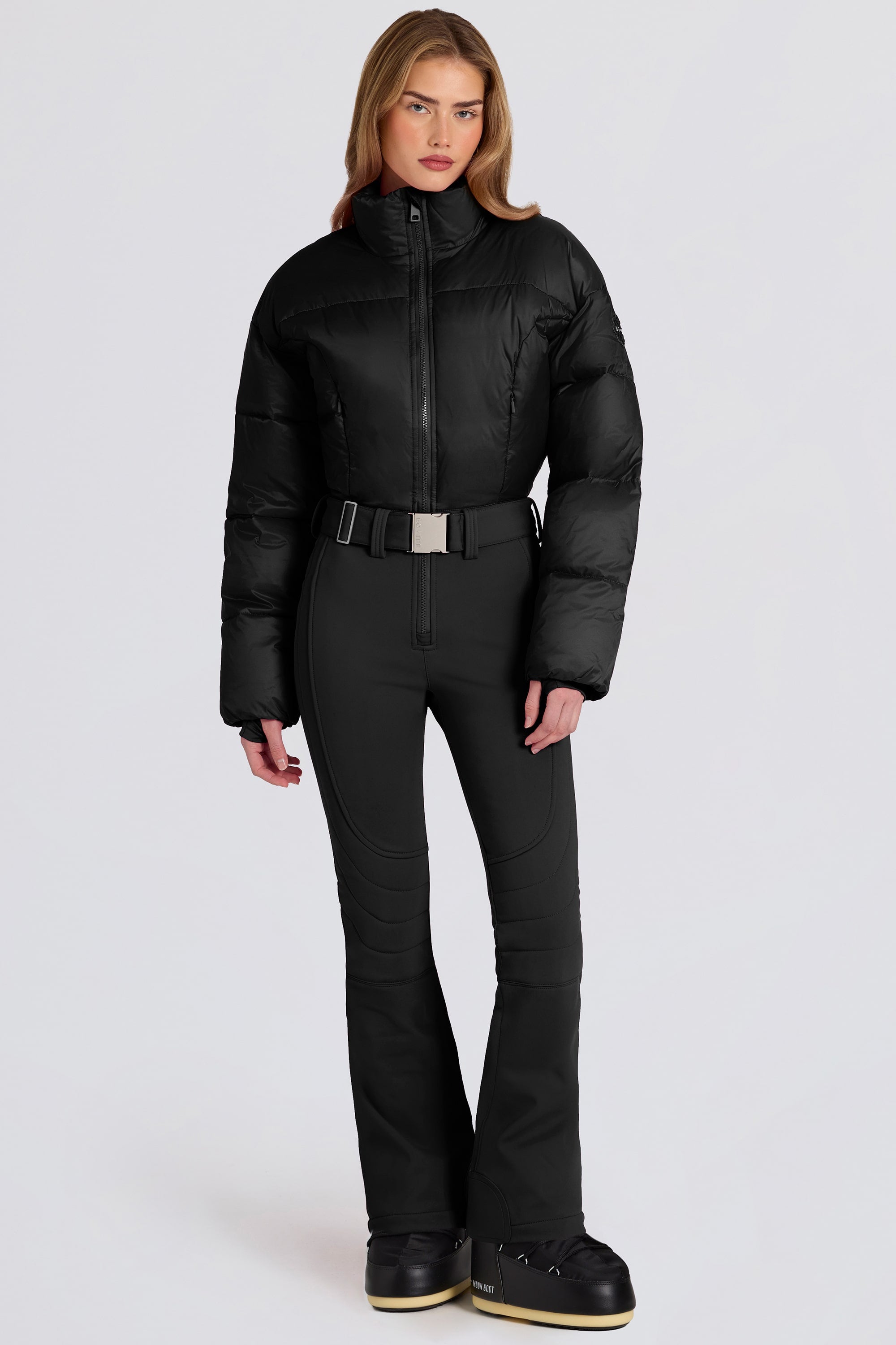 Waterproof Padded Belted Ski Suit in Black - 1