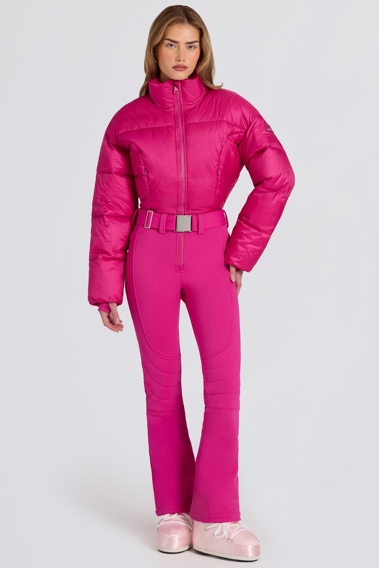 Waterproof Padded Belted Ski Suit in Magenta Pink