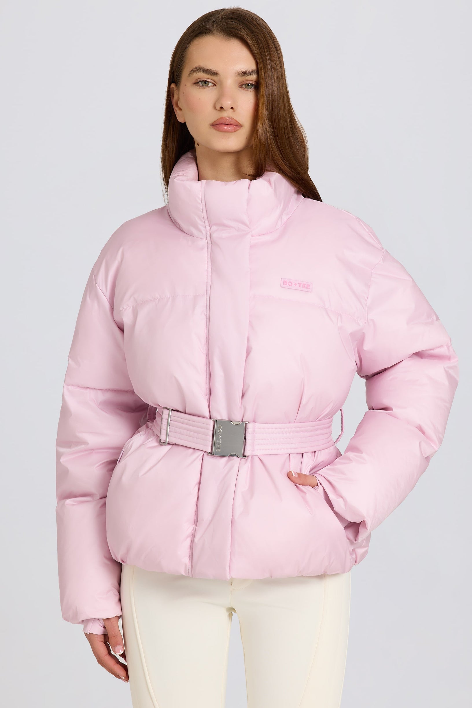 Waterproof Belted Oversized Ski Jacket in Powder Pink - 1