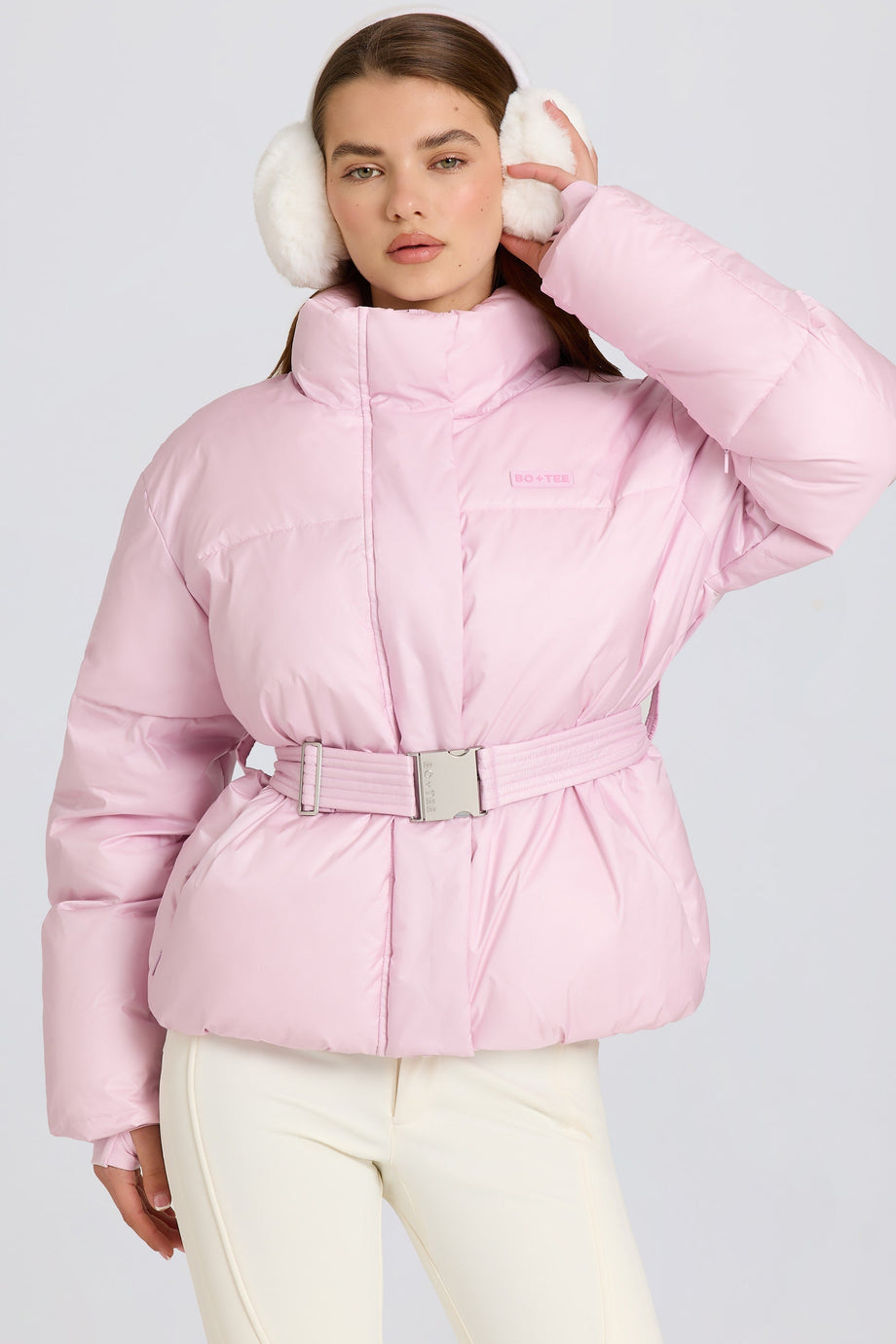 Waterproof Belted Oversized Ski Jacket in Powder Pink