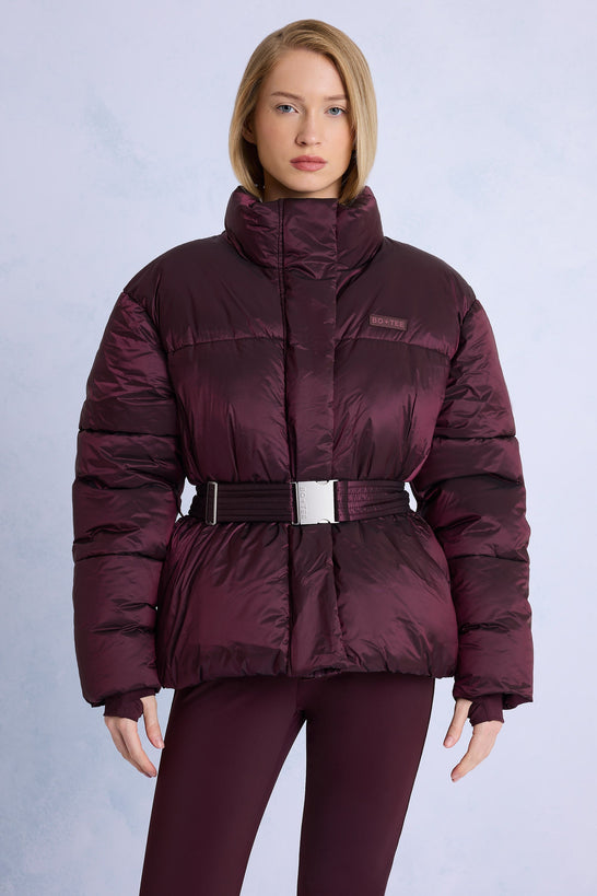 Waterproof Belted Oversized Ski Jacket in Burgundy