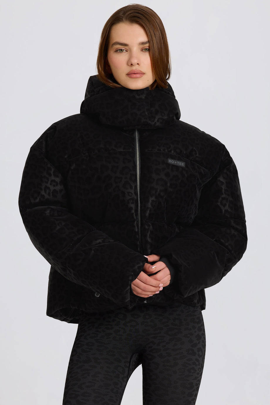 Waterproof Cropped Oversized Ski Jacket in Black Leopard