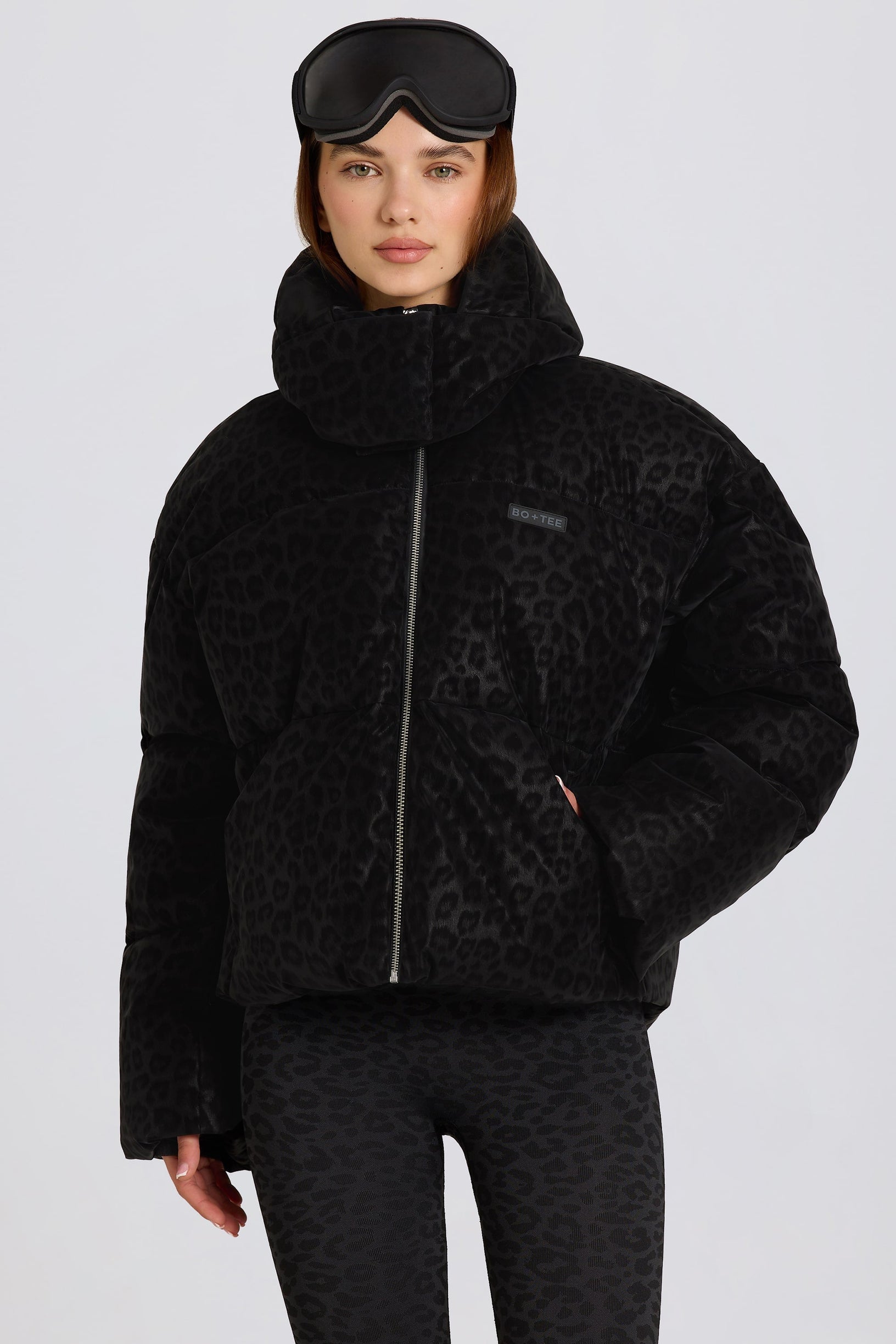 Waterproof Cropped Oversized Ski Jacket in Black Leopard - 1