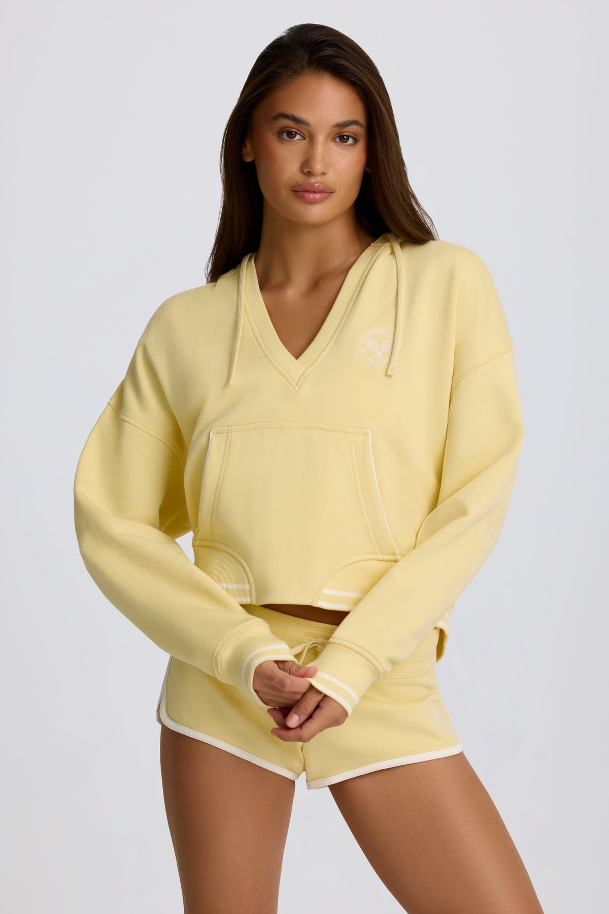 Cotton Jersey V-Neck Hoodie in Lemon