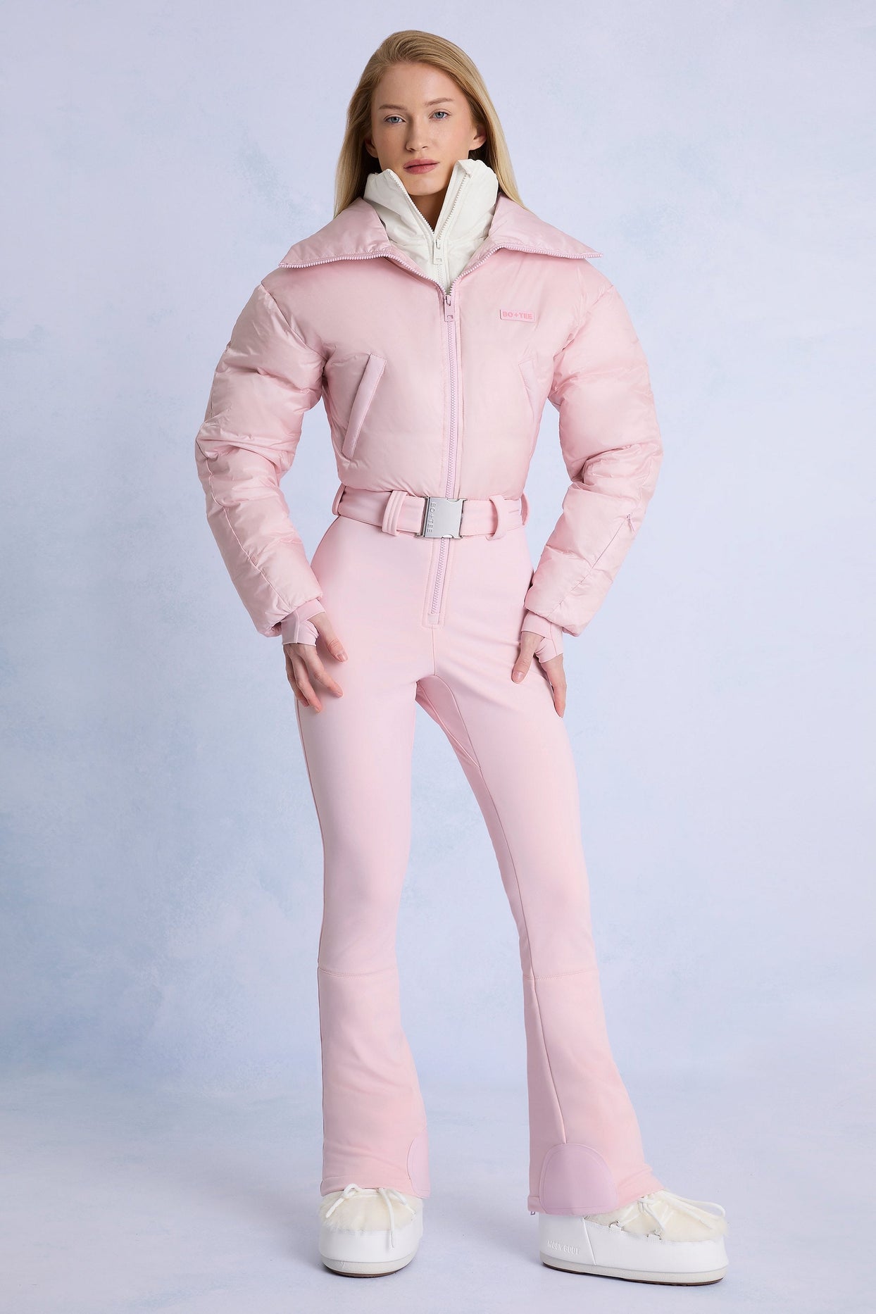 Waterproof Belted Layered Ski Suit in Powder Pink