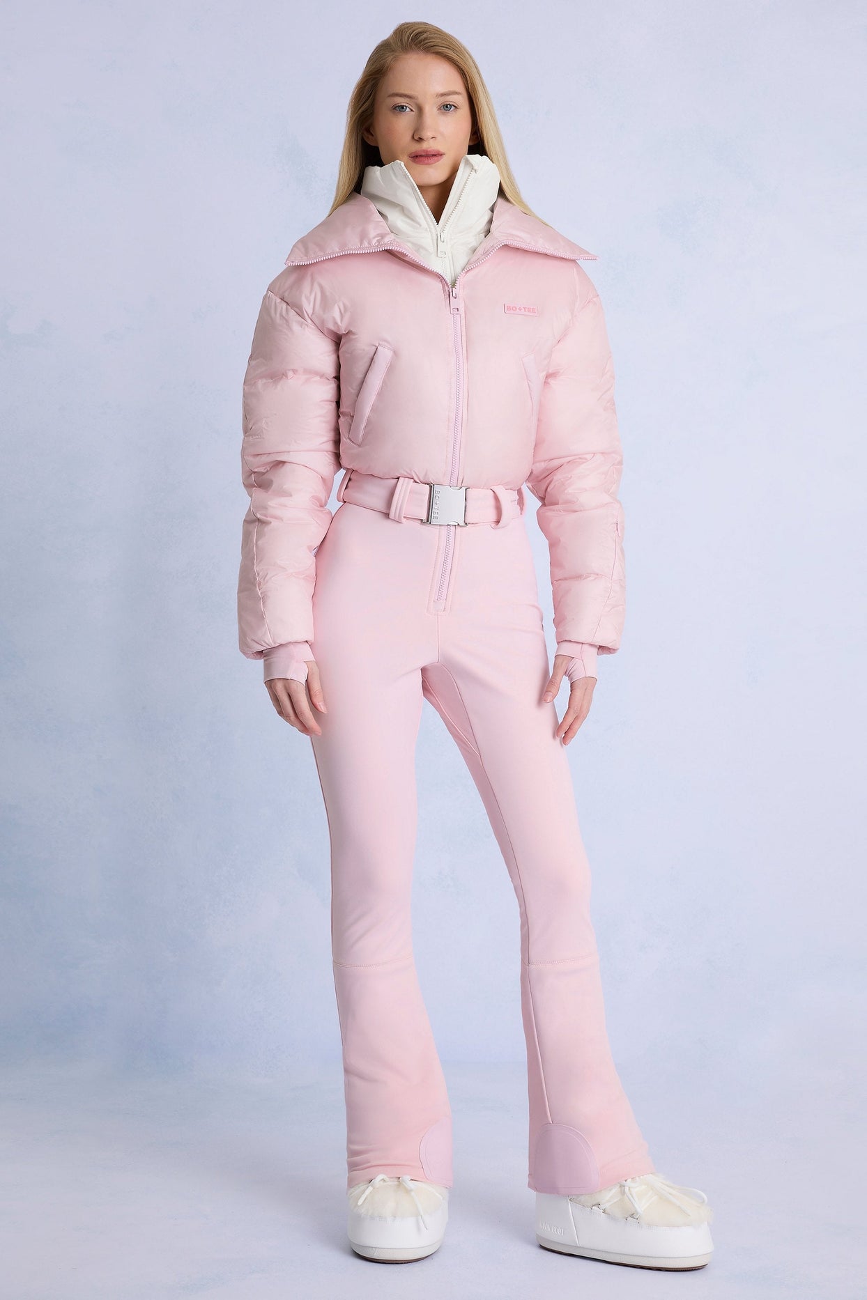 Waterproof Belted Layered Ski Suit in Powder Pink