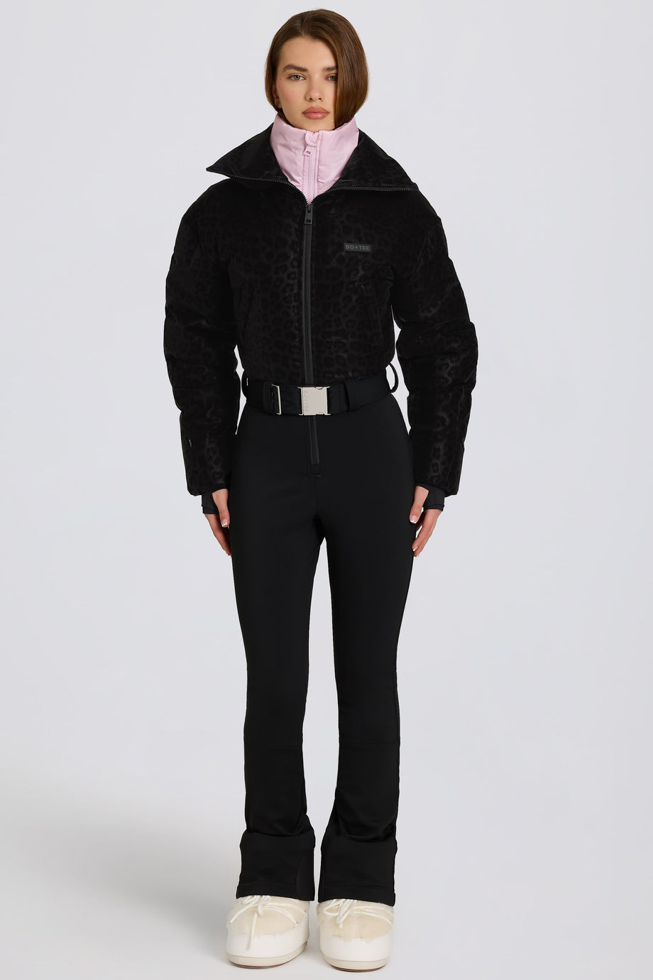 Waterproof Belted Layered Ski Suit in Black Leopard