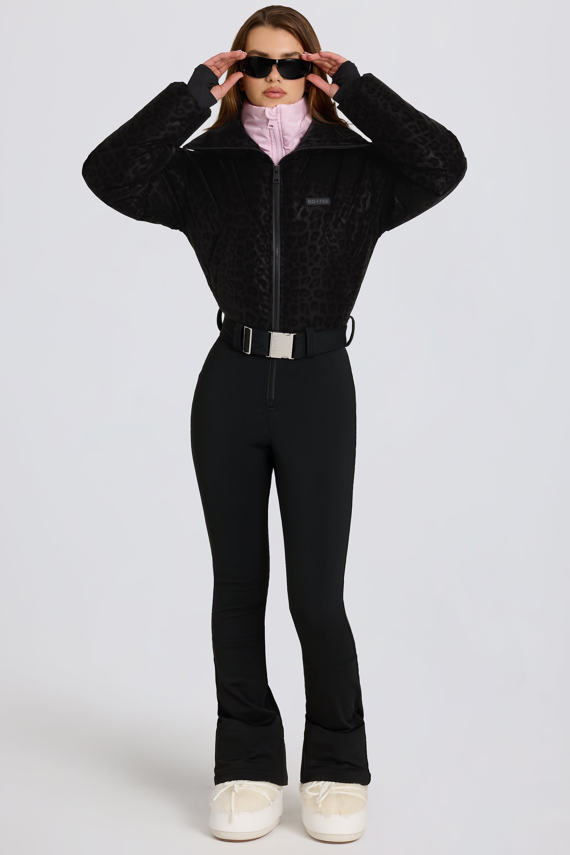 Waterproof Belted Layered Ski Suit in Black Leopard