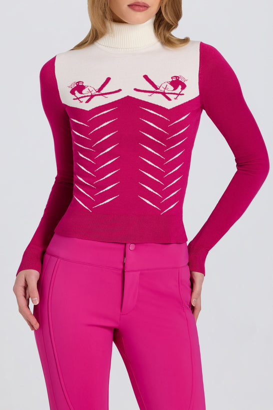 Knit Long-Sleeve Fitted Top in Magenta Pink
