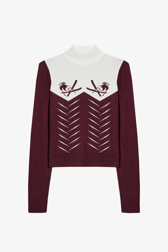 Knit Long-Sleeve Fitted Top in Burgundy