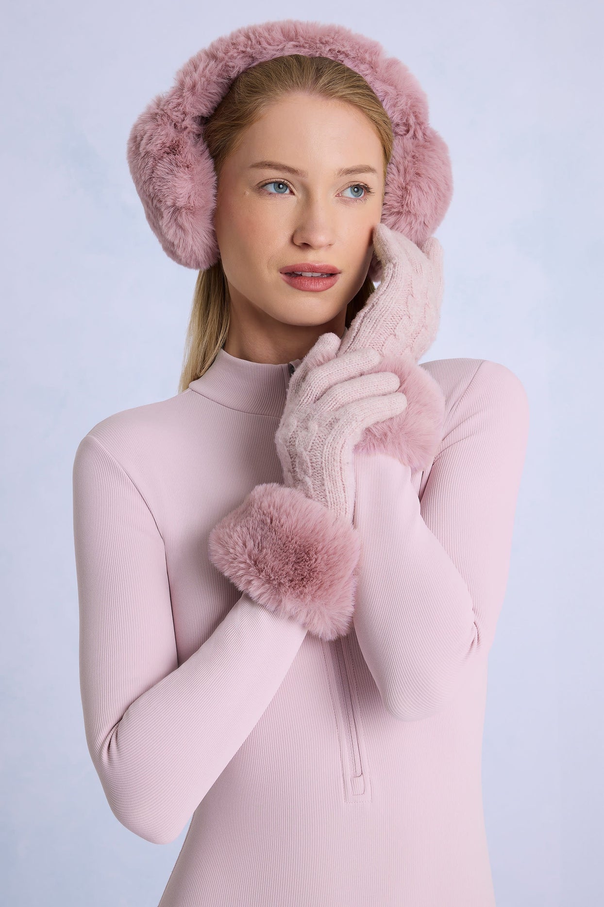 Knit Faux-Fur Cuff Gloves in Powder Pink
