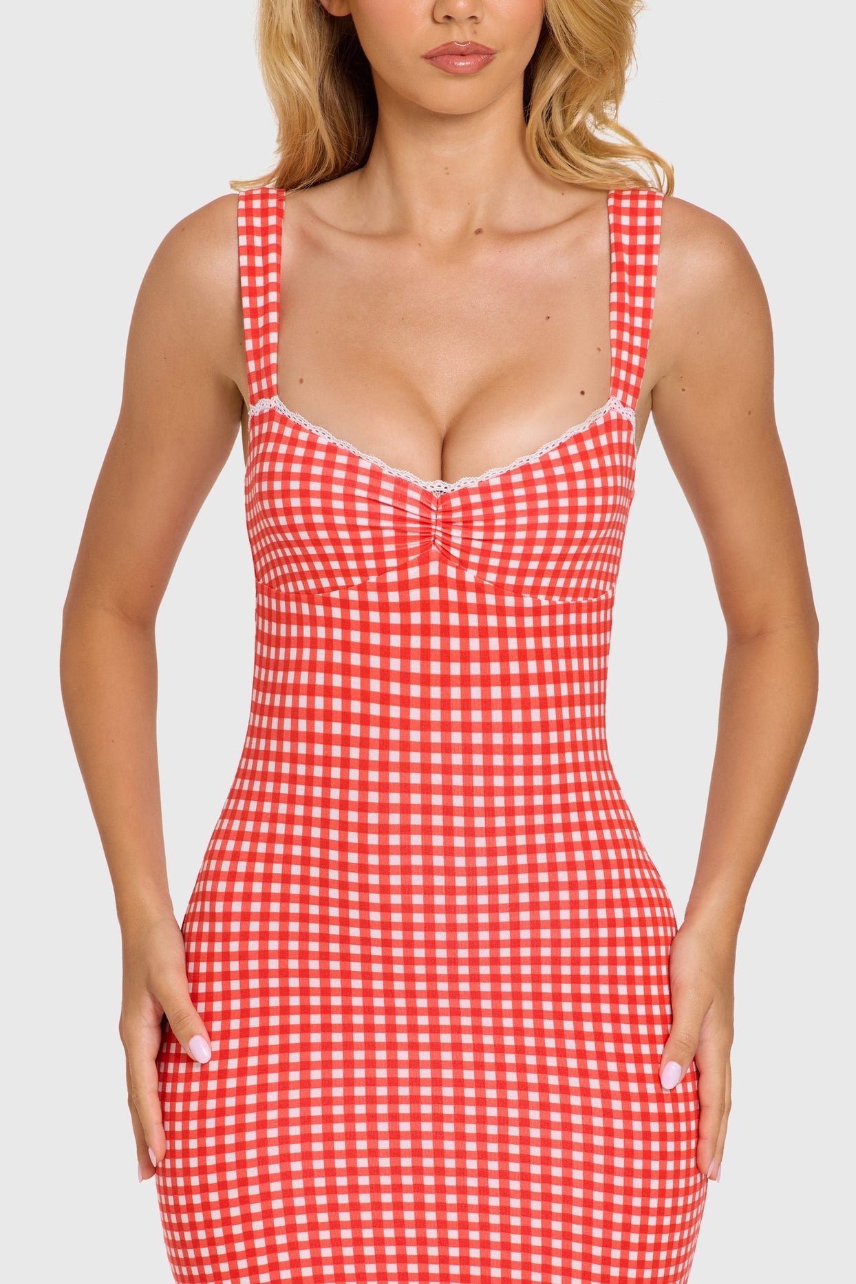 Modal Lace-Trim Midaxi Dress in Red Gingham - 4