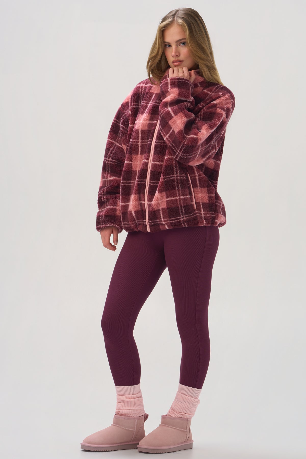 Oversized Zip-Up Fleece in Plum Plaid - 2