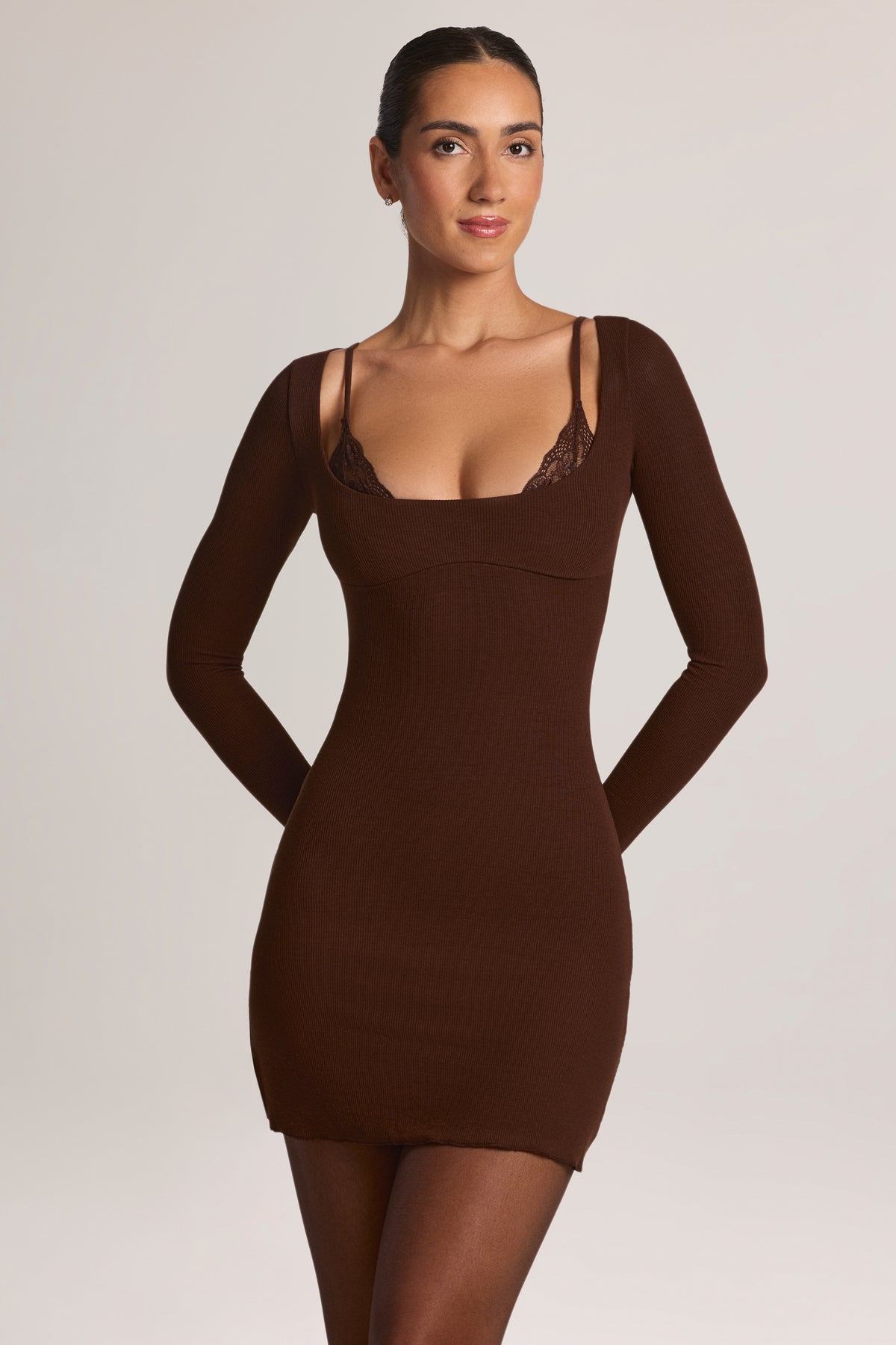 Modal Long-Sleeve Peekabo Lace Mini Dress in Chocolate Brown