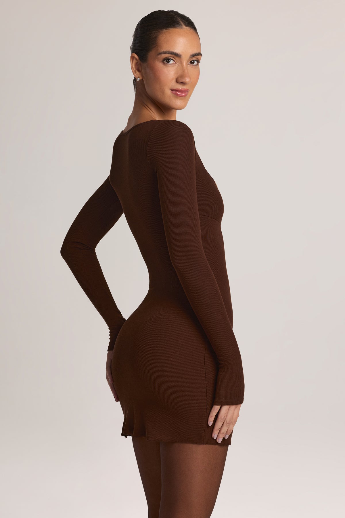 Modal Long-Sleeve Peekabo Lace Mini Dress in Chocolate Brown