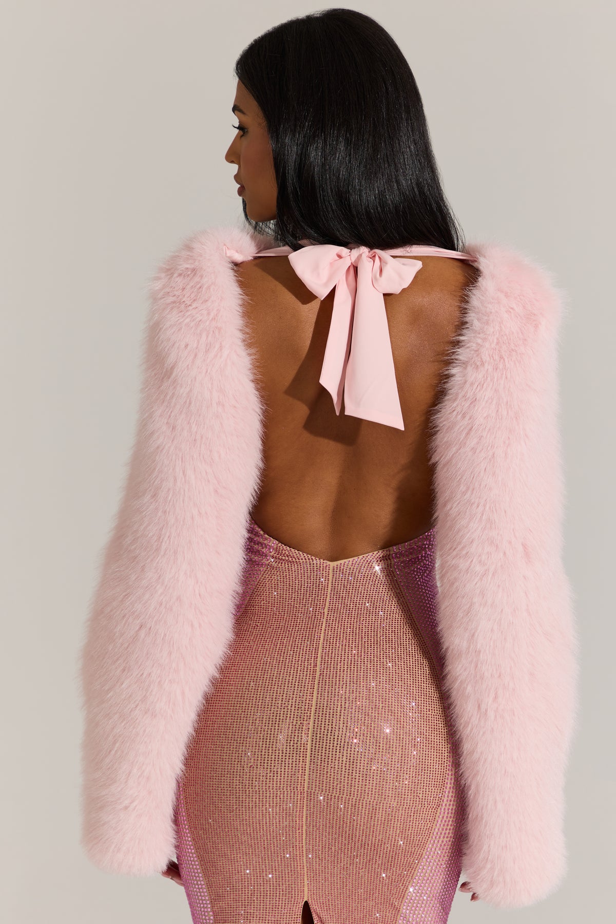 Faux Fur Tie-Up Sleeves in Pink