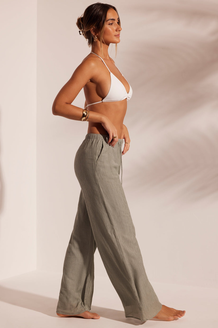 Crinkle Textured Beach Trousers in Light Green