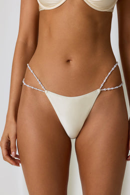 Pearl-Detail Double-Strap Thong Bikini Bottoms in Pearl White