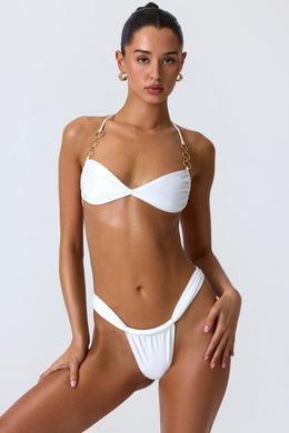 Embellished Ruched Halterneck Bikini Top in White
