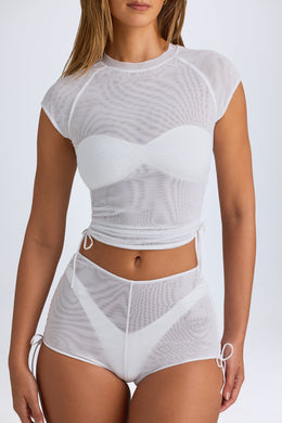 Sheer Ruched Cropped T-Shirt in White