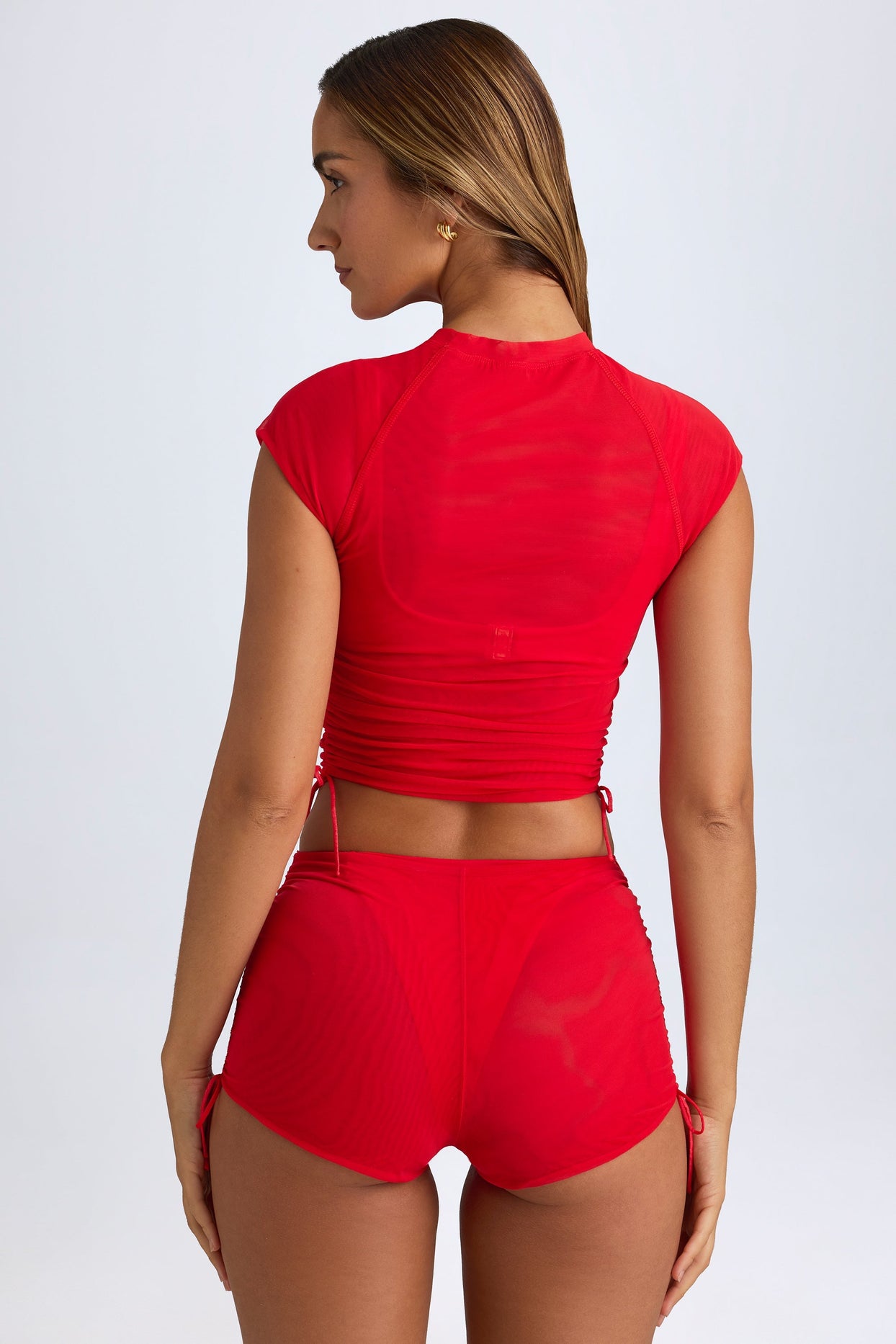 Sheer Ruched Mini Shorts in Fiery Red