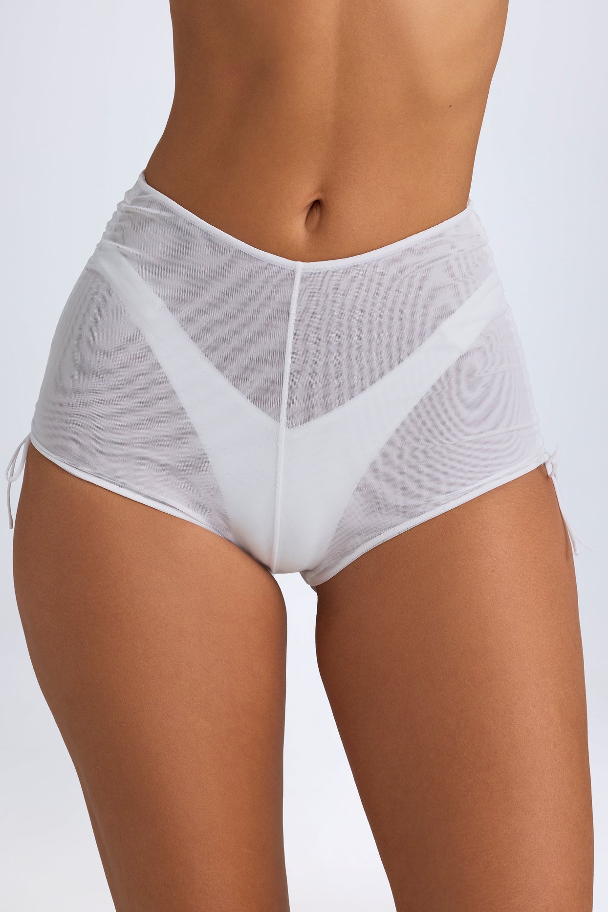 Sheer Ruched Mini Shorts in White