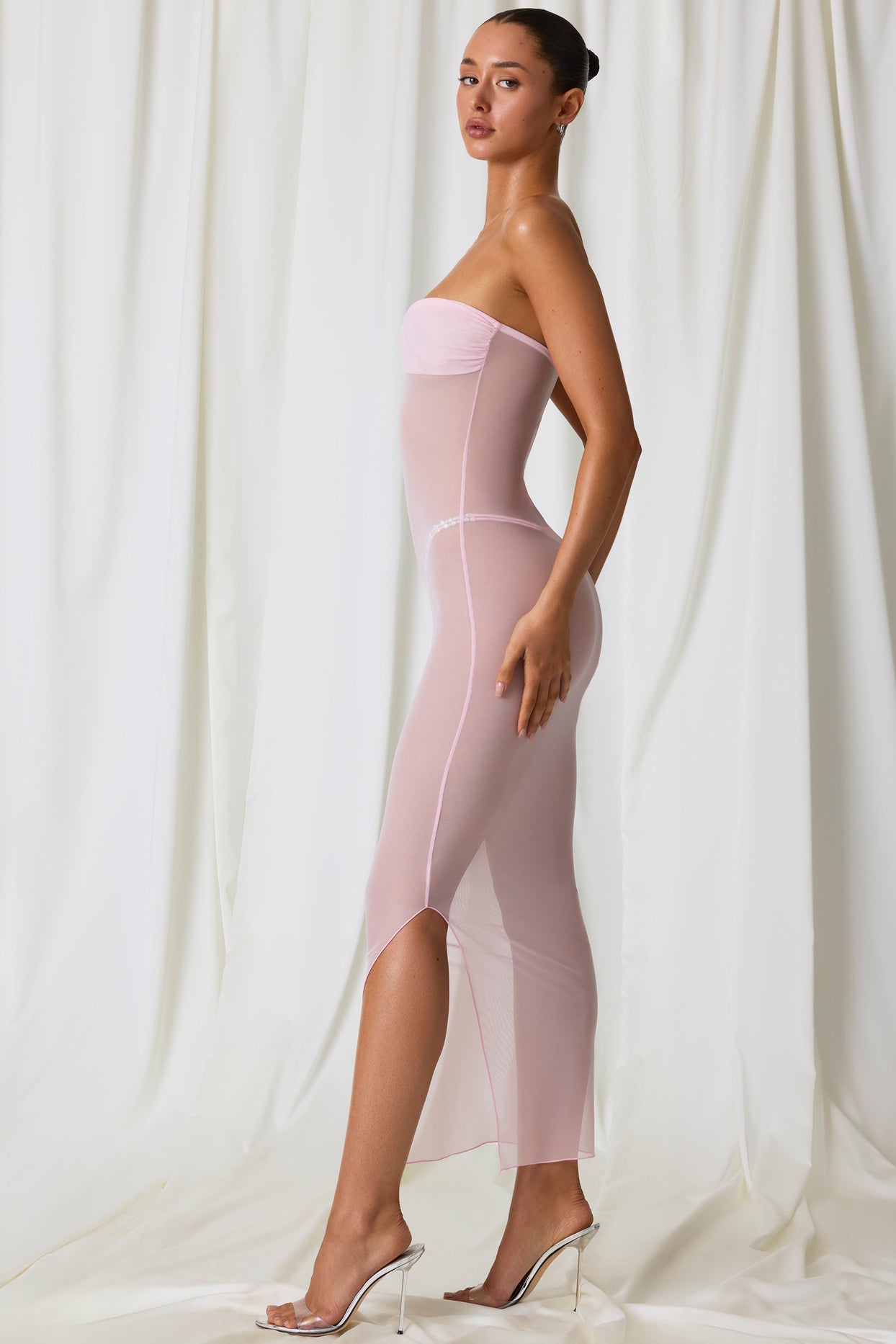 Papeete Ruched Bandeau Midi Dress in Soft Pink Oh Polly