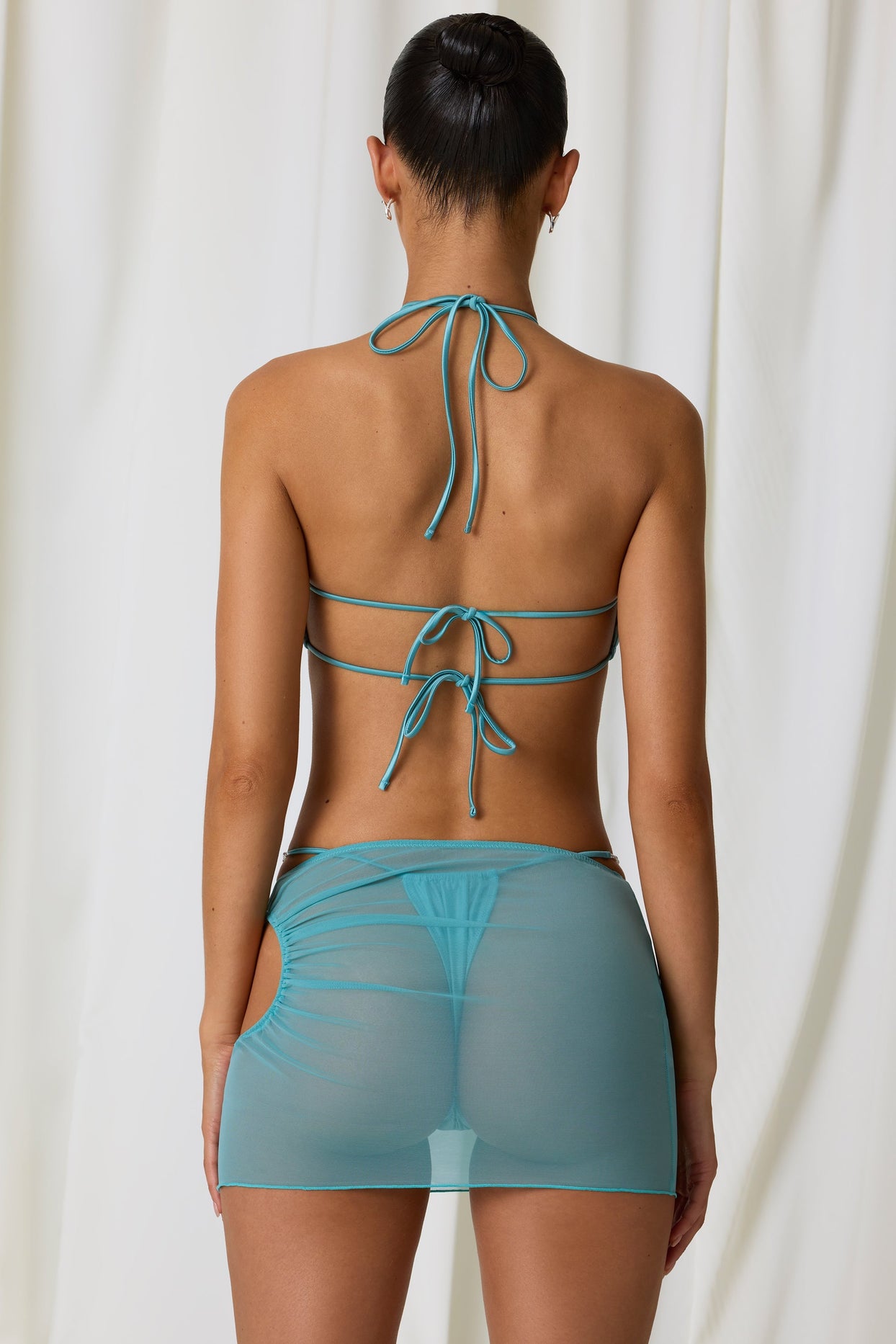 Drawstring Cut-Out Mini Skirt in Turquoise