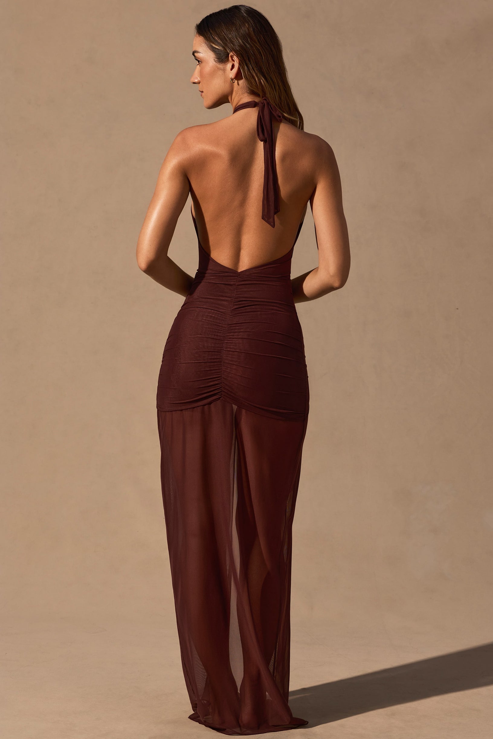 Cut-Out Halterneck Maxi Dress in Espresso Brown - 2