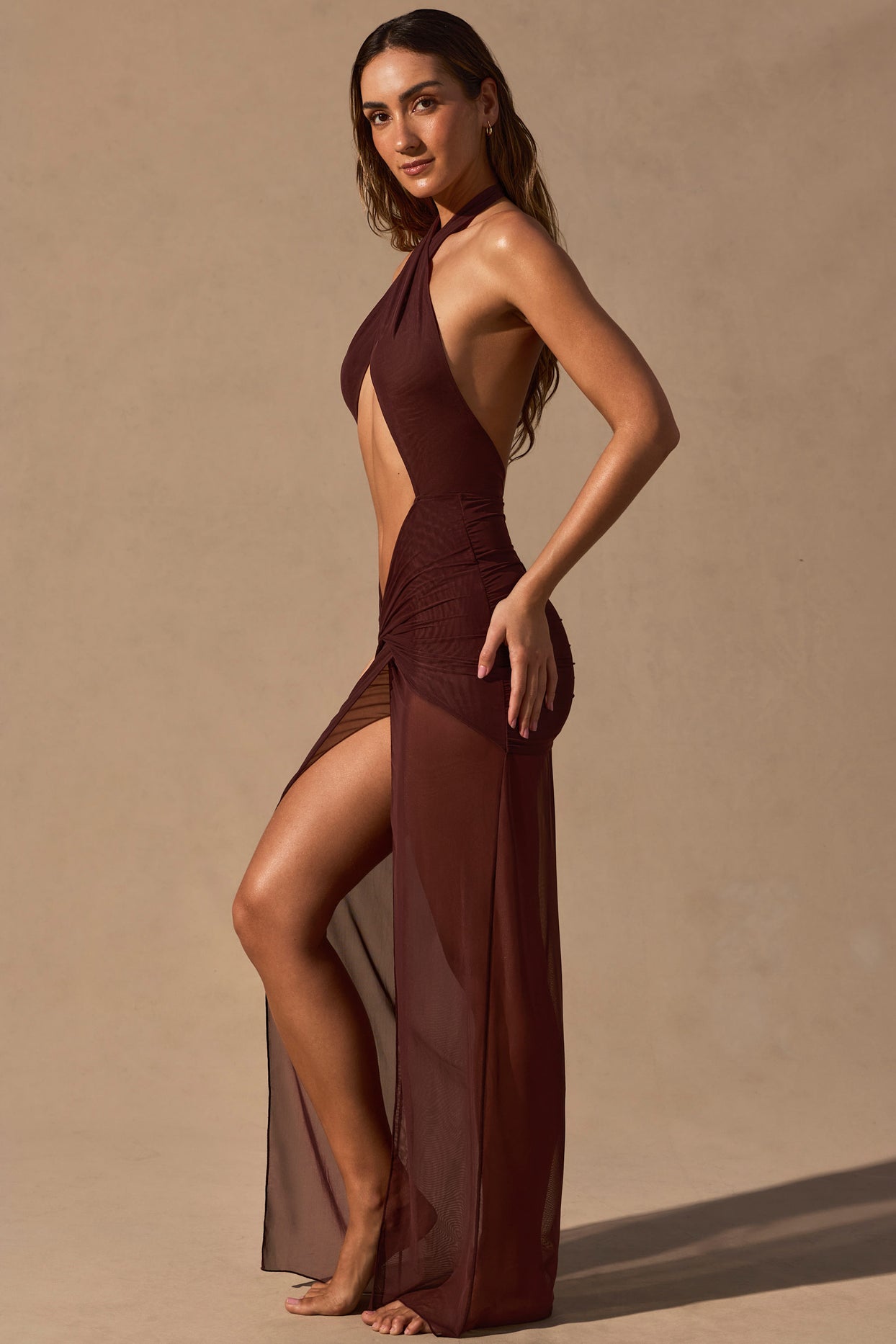 Cut-Out Halterneck Maxi Dress in Espresso Brown