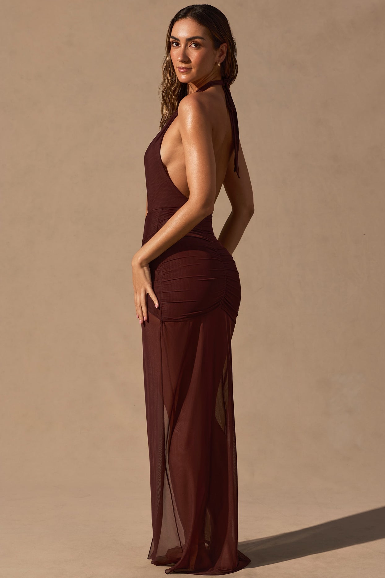 Cut-Out Halterneck Maxi Dress in Espresso Brown