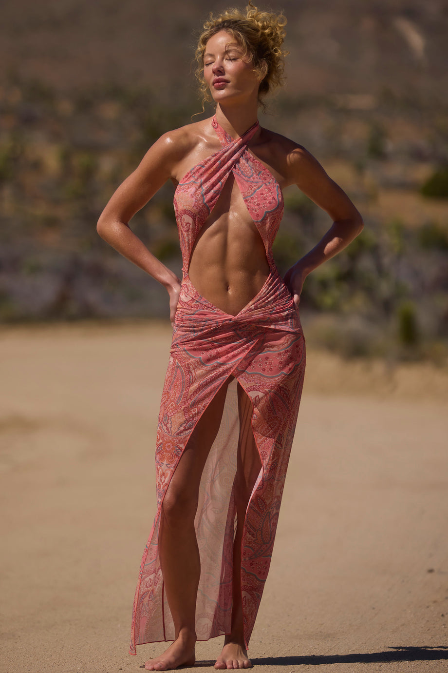 Cut-Out Halterneck Maxi Dress in Paisley Print