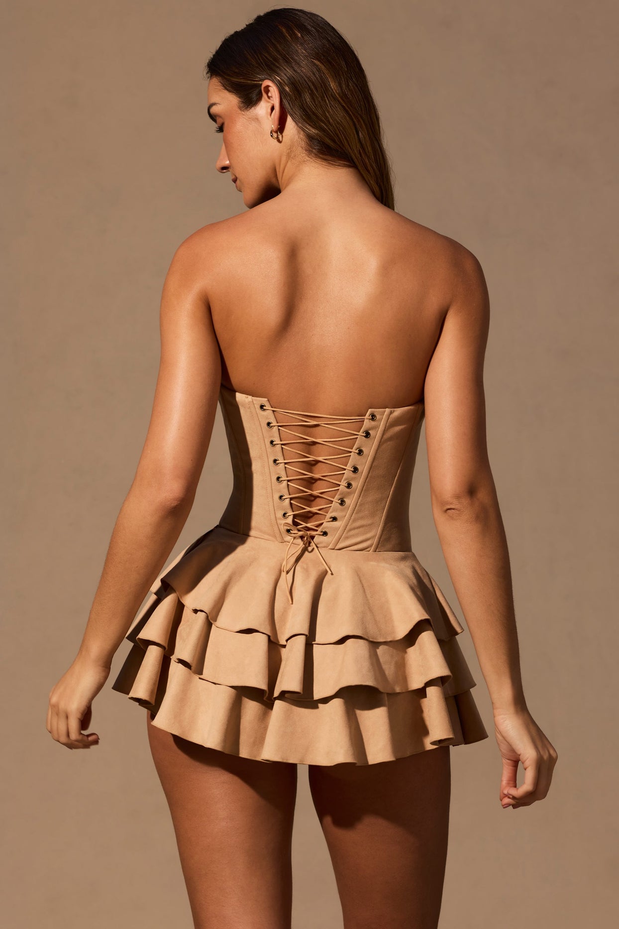 Ruffled Lace-Up Corset Playsuit in Tan