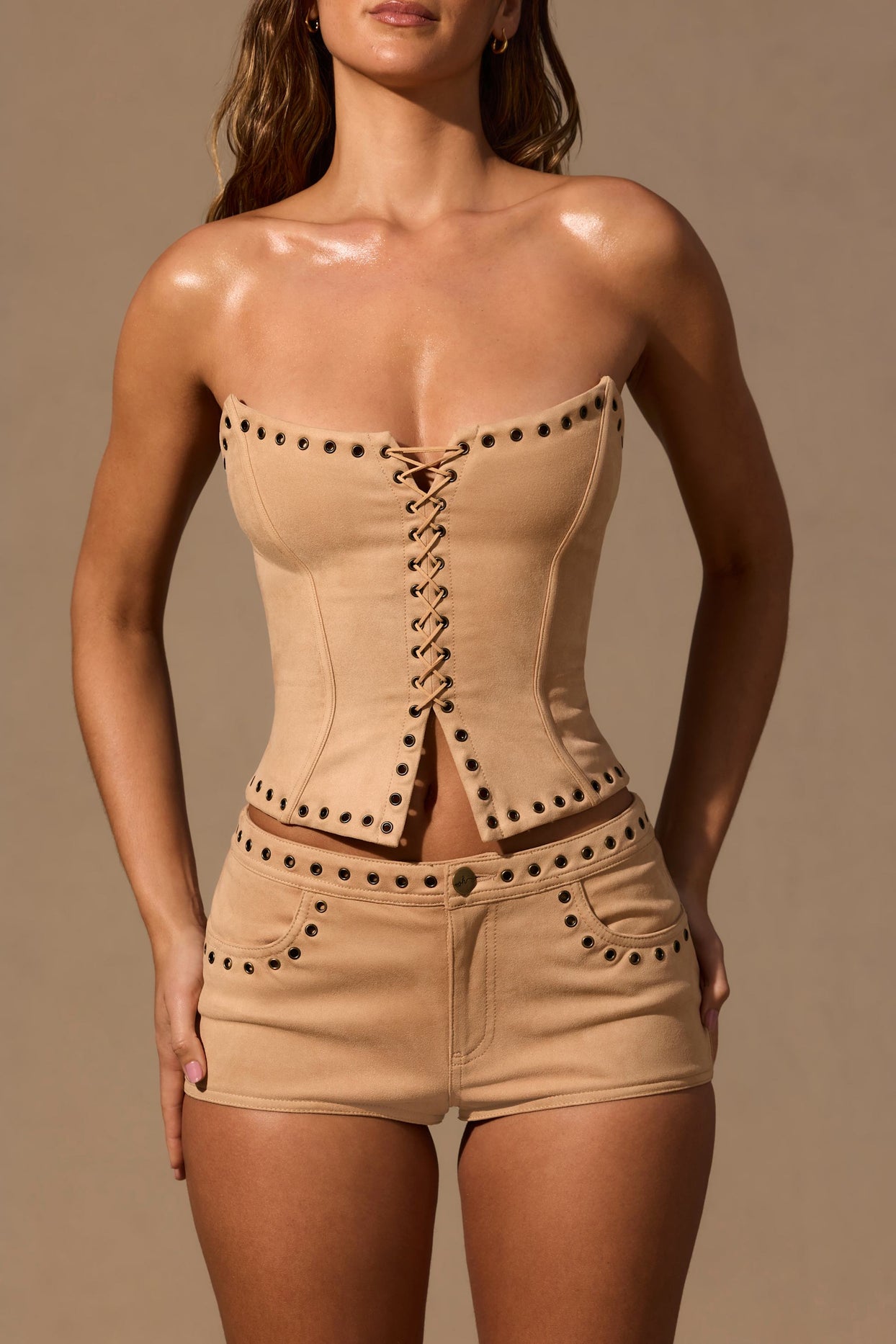 Lace-Up Corset Top  in Tan - 4