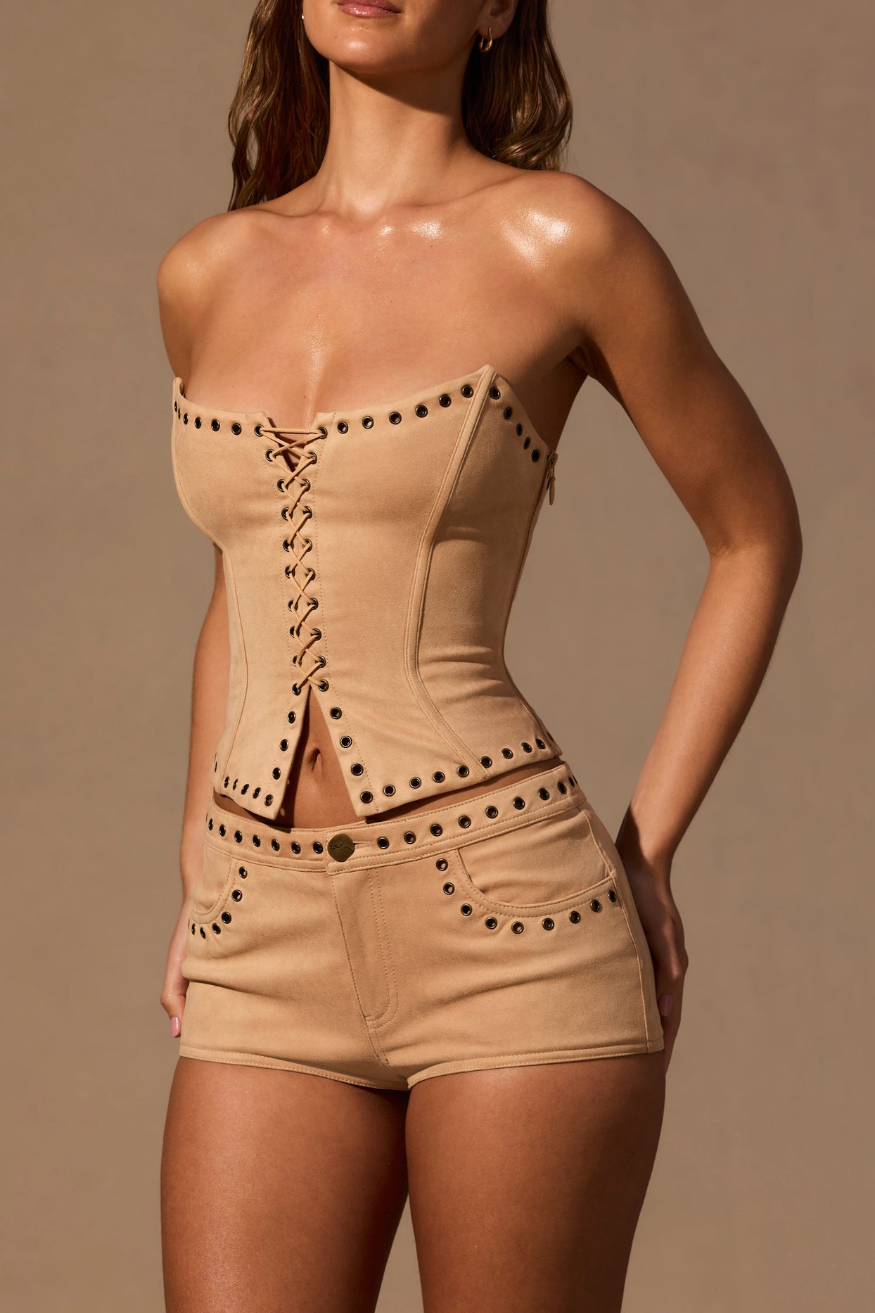 Low-Rise Mini Shorts in Tan