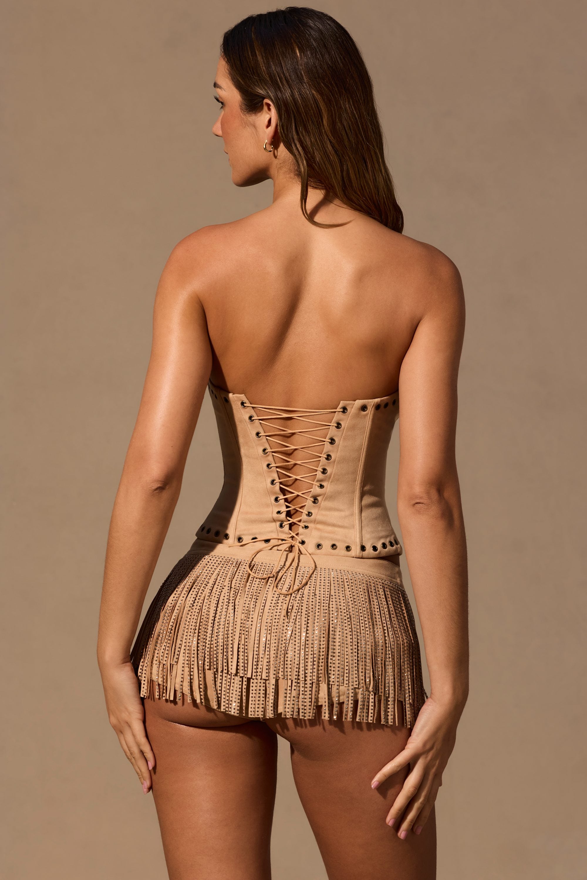 Fringed Low-Rise Mini Shorts in Tan