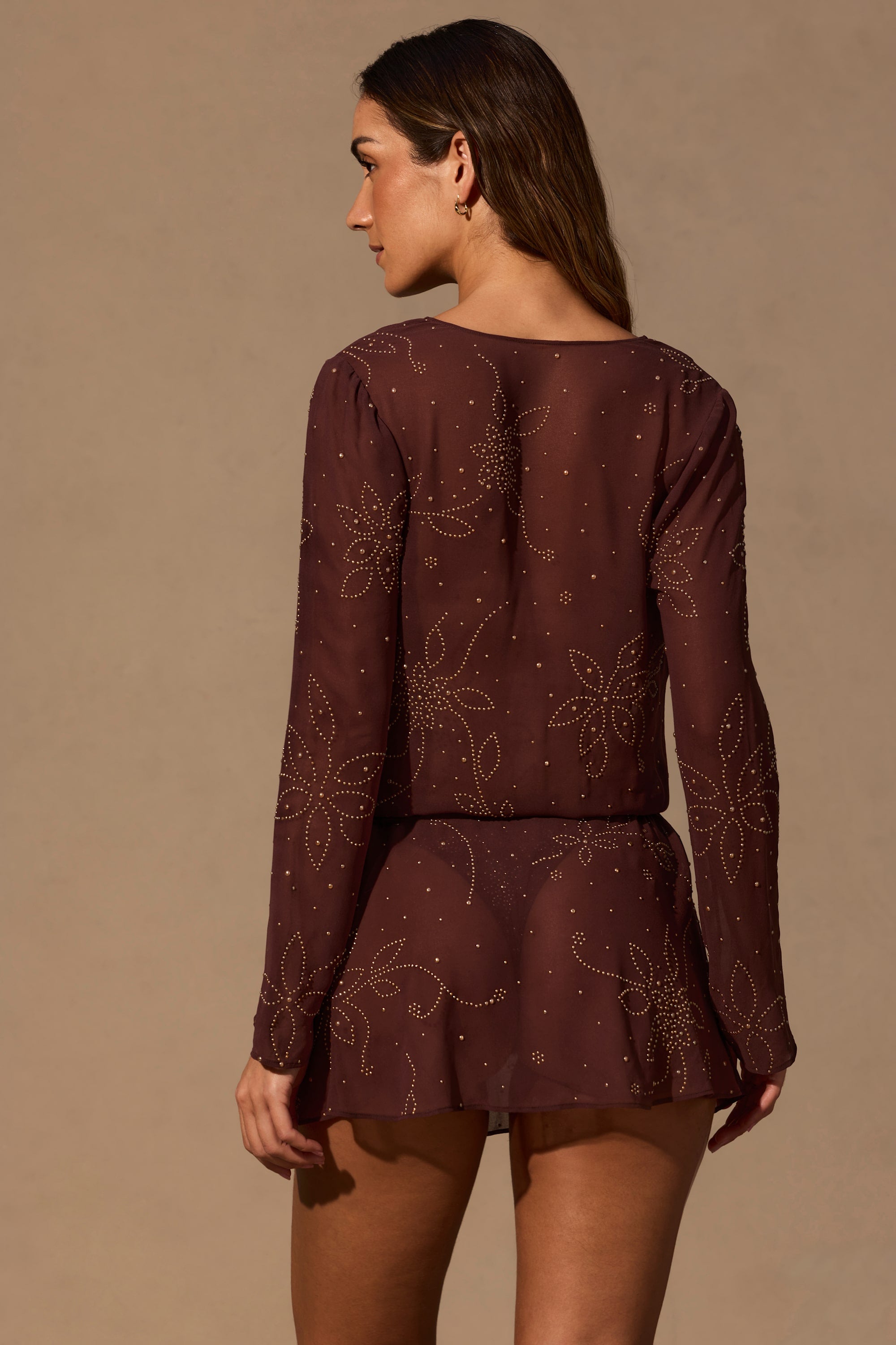 Long-Sleeve Mini Dress in Espresso Brown