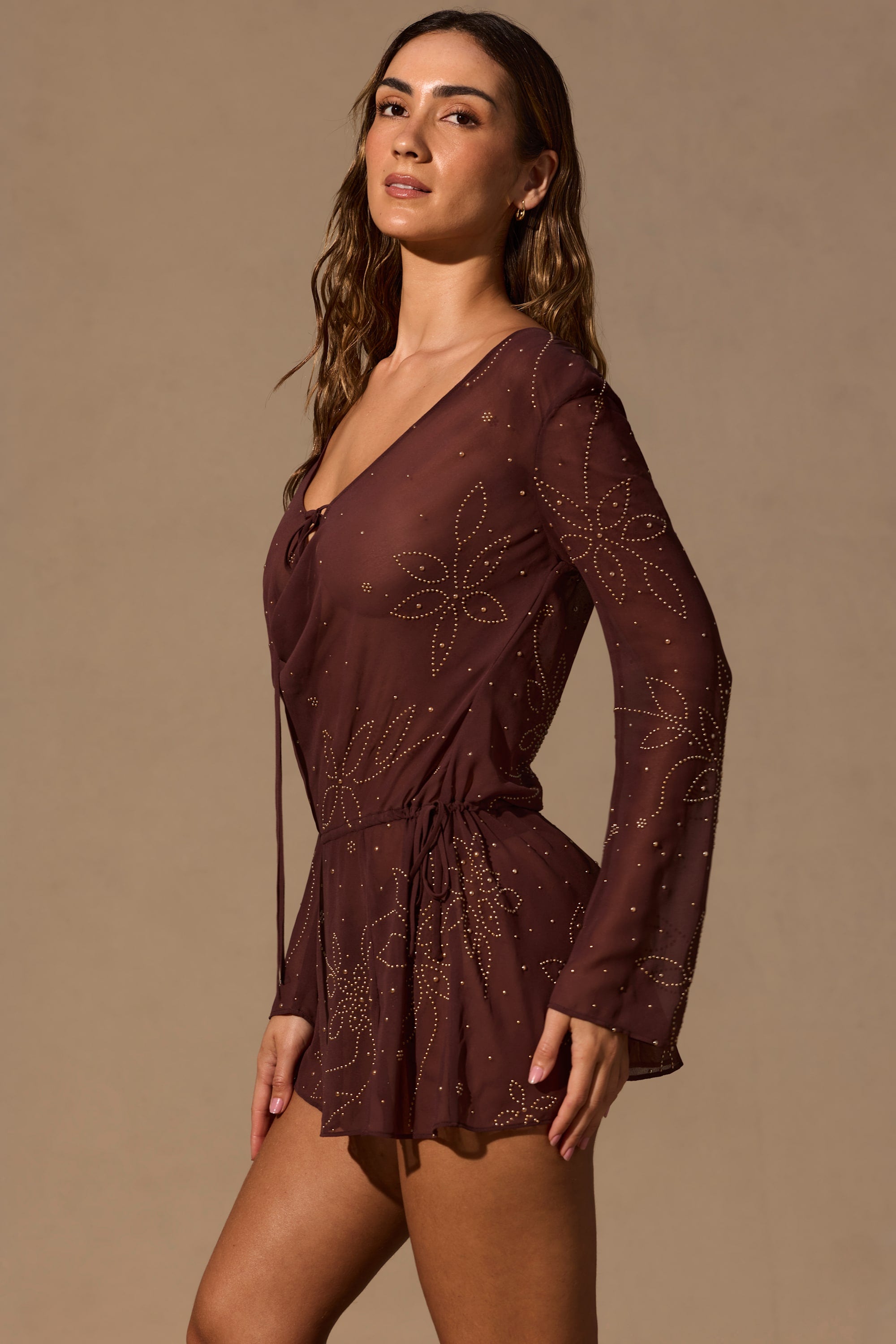 Long-Sleeve Mini Dress in Espresso Brown
