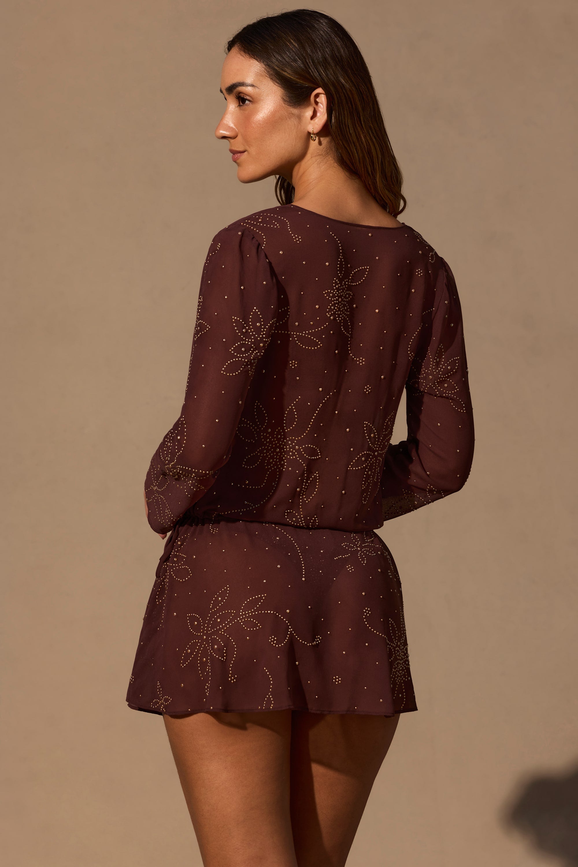 Long-Sleeve Mini Dress in Espresso Brown