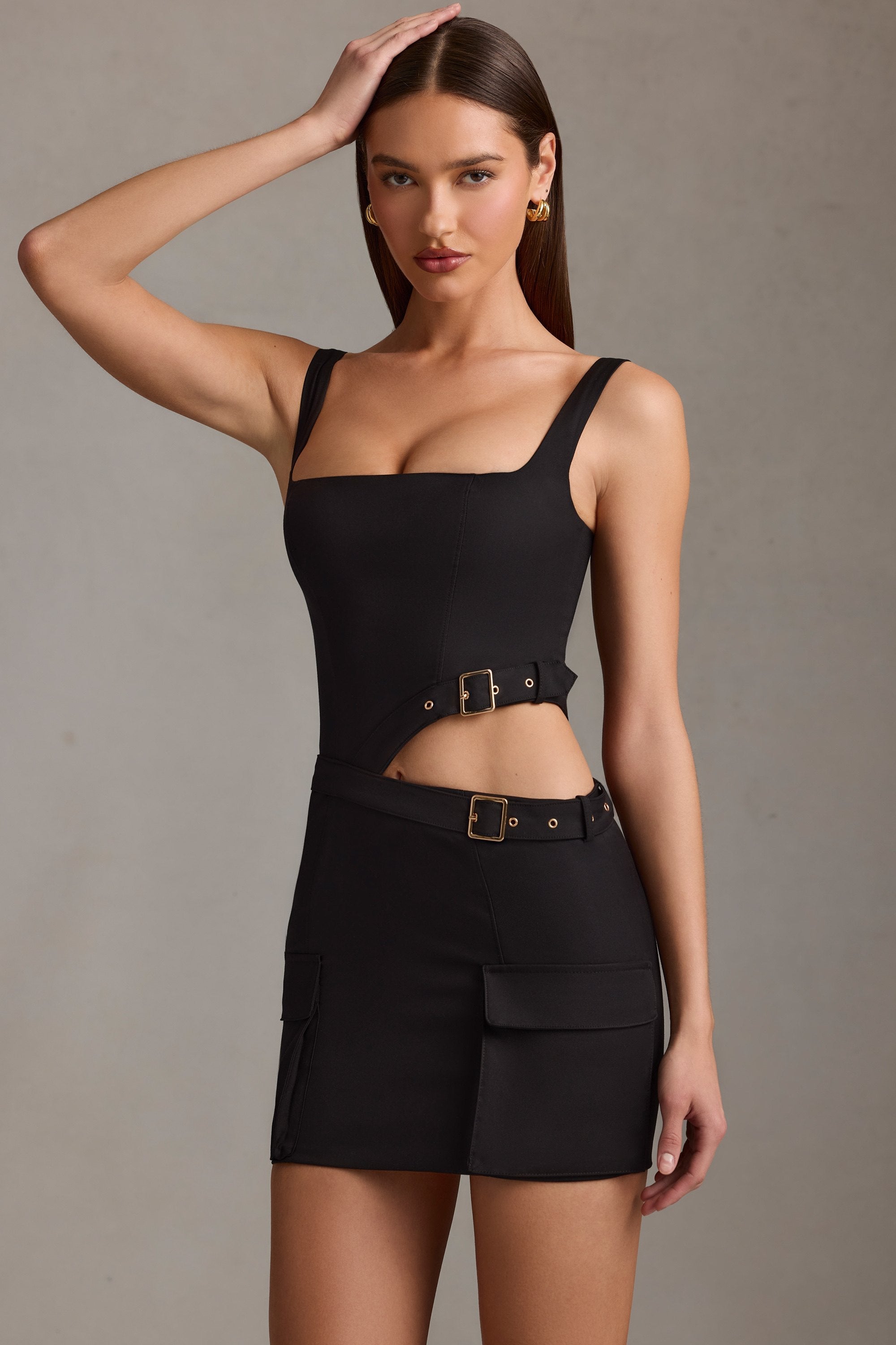 Acadia Belted Cut-Out Mini Dress in Black