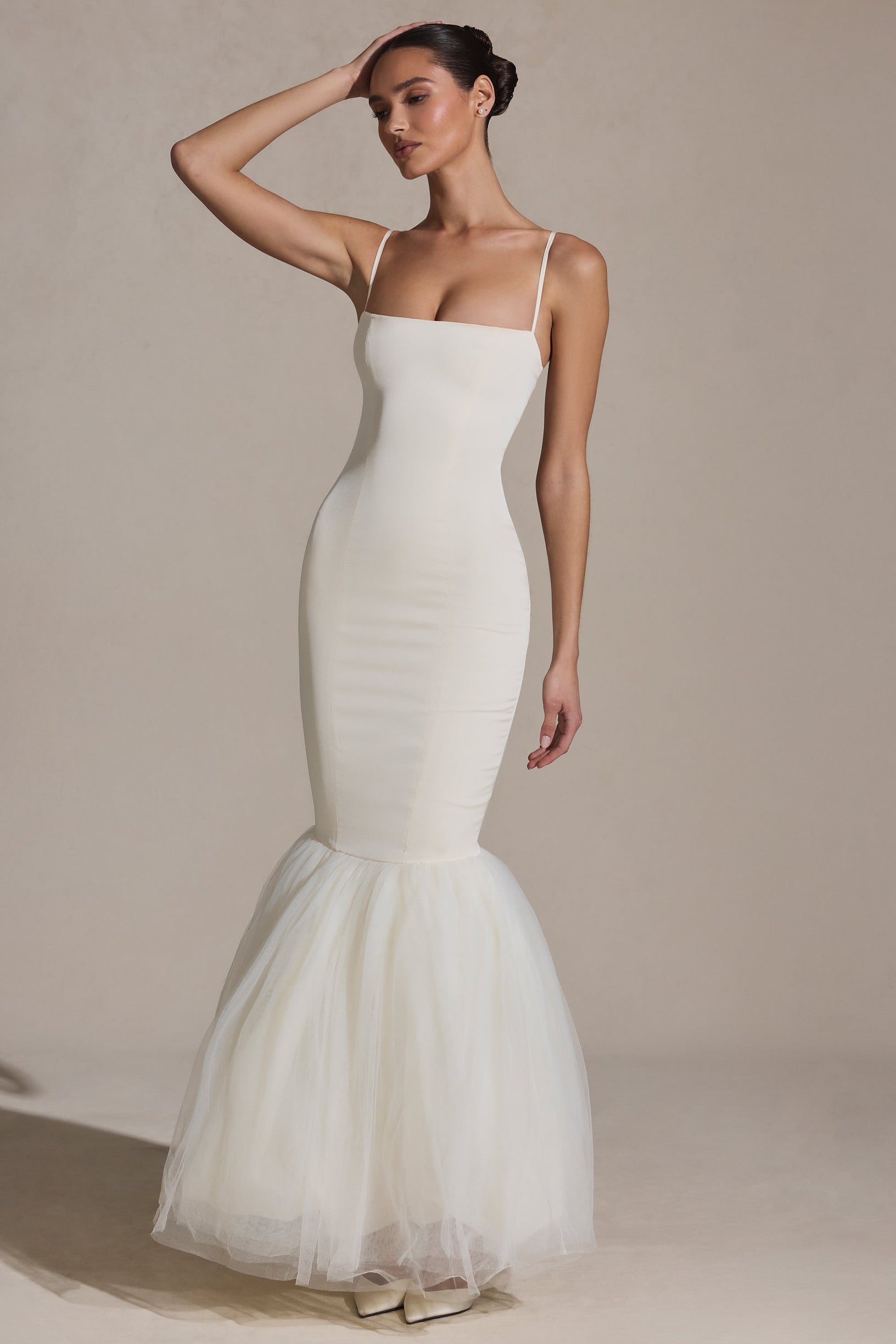 Tulle Hem Fishtail Gown in Ivory - 1