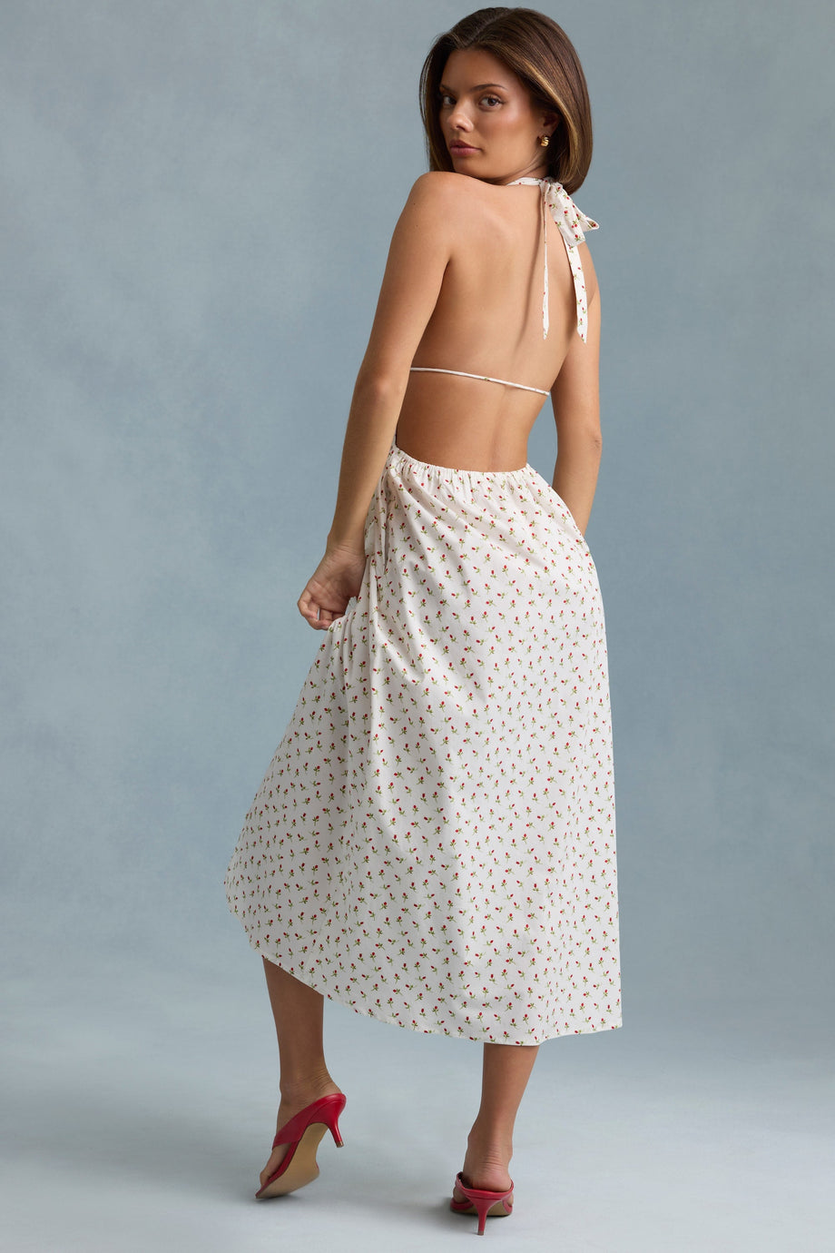 فستان ماكسي من القطن والبوبلين بدون ظهر بطبعة وردية