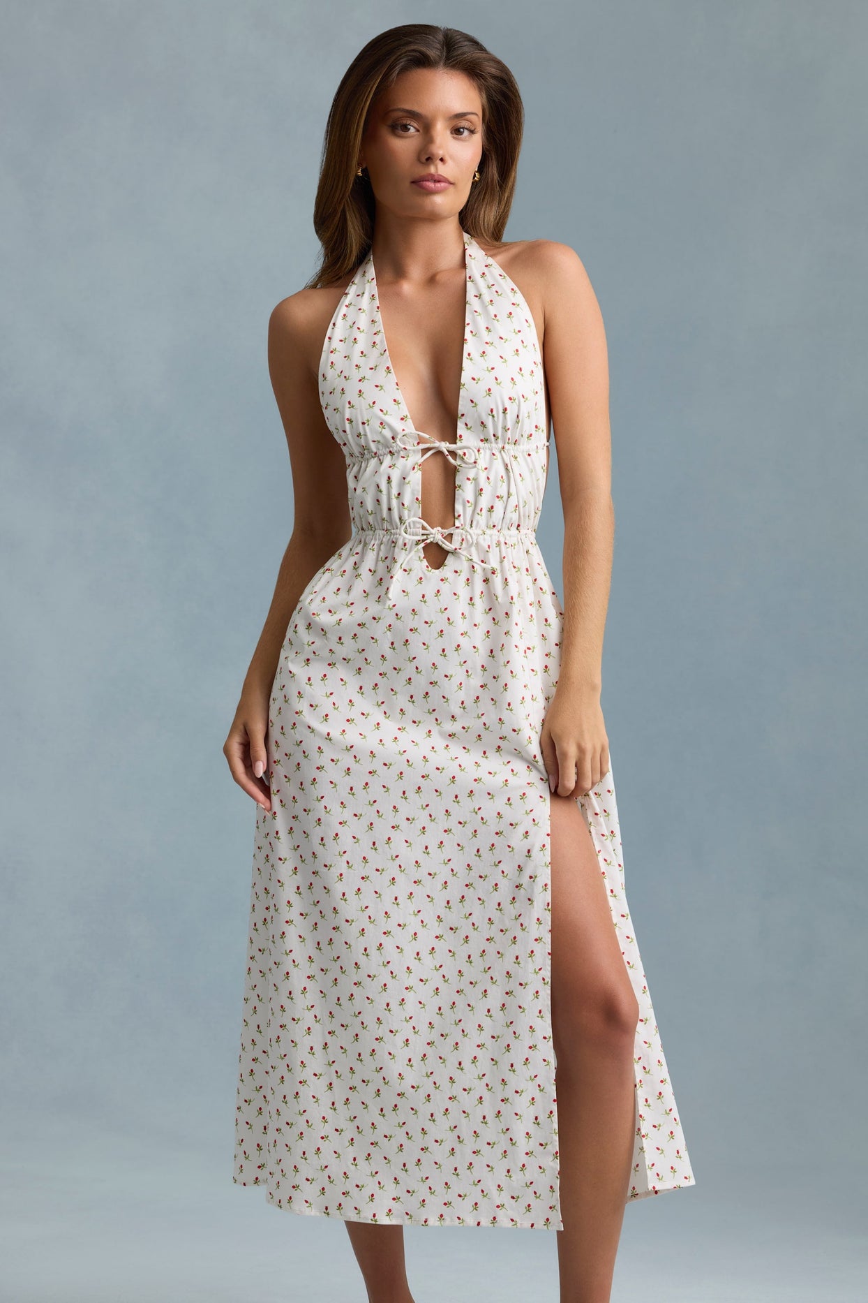 Backless Cotton-Poplin Maxi Dress in Rose Print