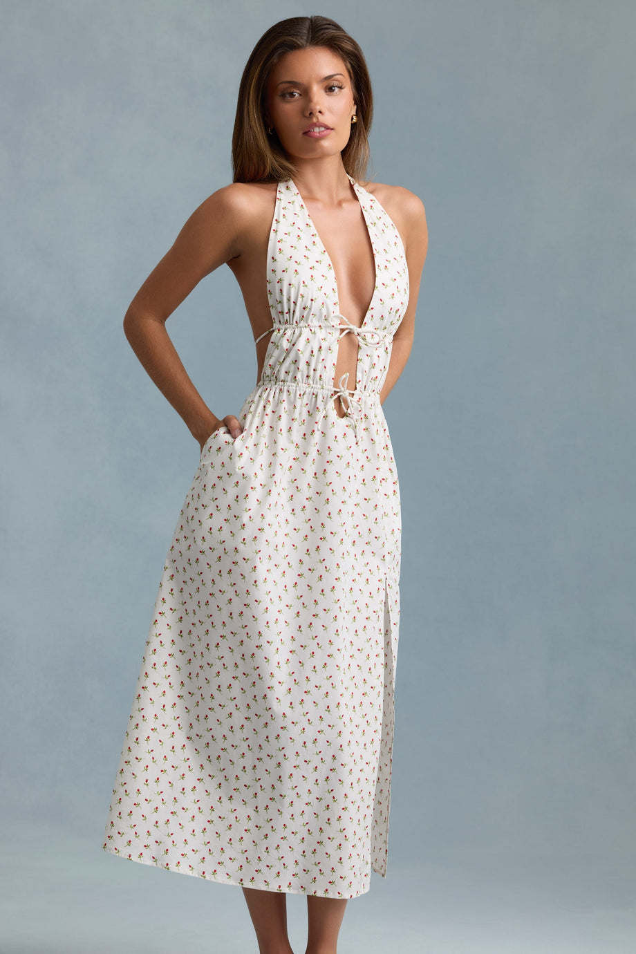 فستان ماكسي من القطن والبوبلين بدون ظهر بطبعة وردية