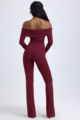 Modal Off-Shoulder Ruched Jumpsuit in Wine Red