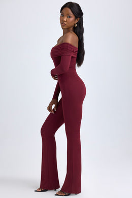 Modal Off-Shoulder Ruched Jumpsuit in Wine Red