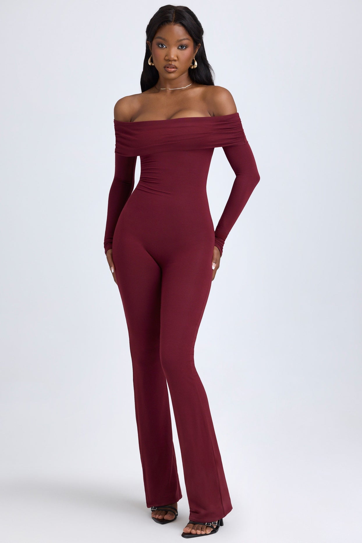 Modal Off-Shoulder Ruched Jumpsuit in Wine Red