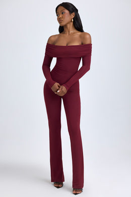 Modal Off-Shoulder Ruched Jumpsuit in Wine Red